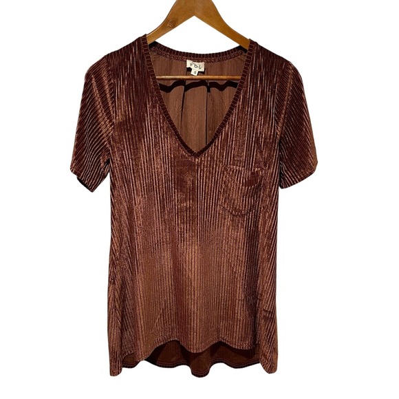 Grunge POL Shirt Womens Small Brown Crushed Velvet Pleated Short Sleeve Top - Picture 1 of 6